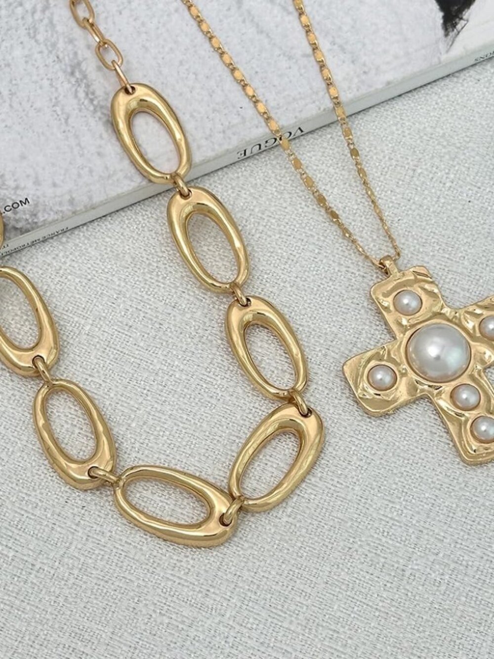 Gold Chunky Cross Necklace for Women Statement Pearl Cross Pendant Necklace Chun - Picture 6 of 7